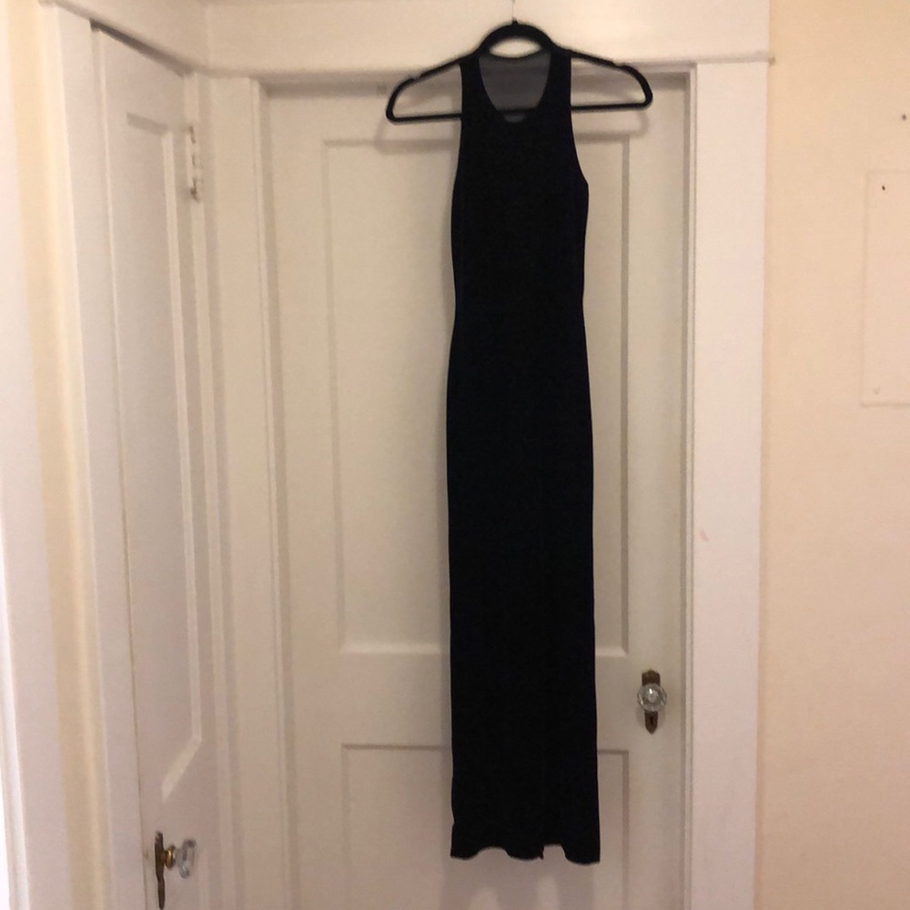 Long, navy blue, faux velvet dress.